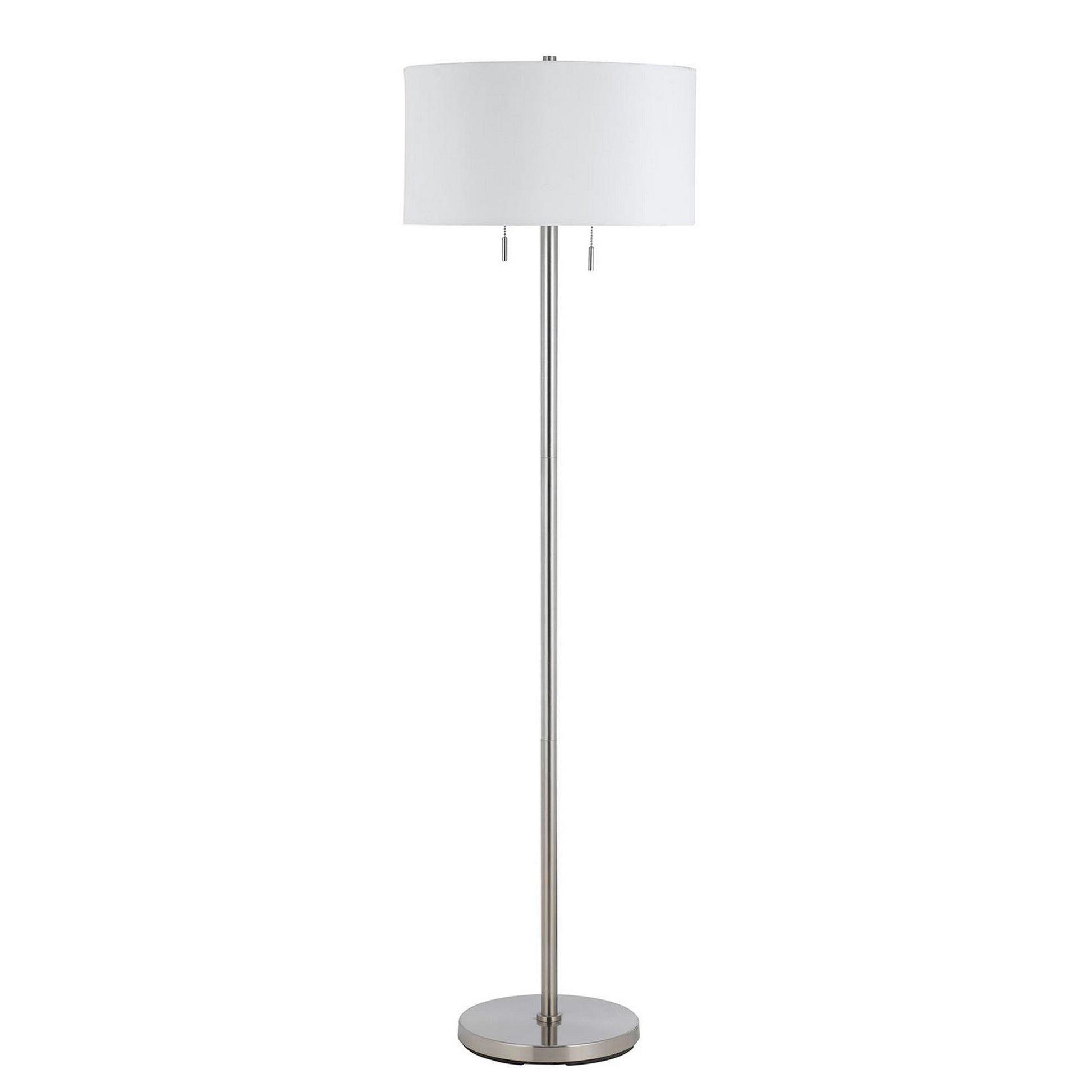Metal floor lamp with silver finish, fabric drum shade, and pull-chain switch