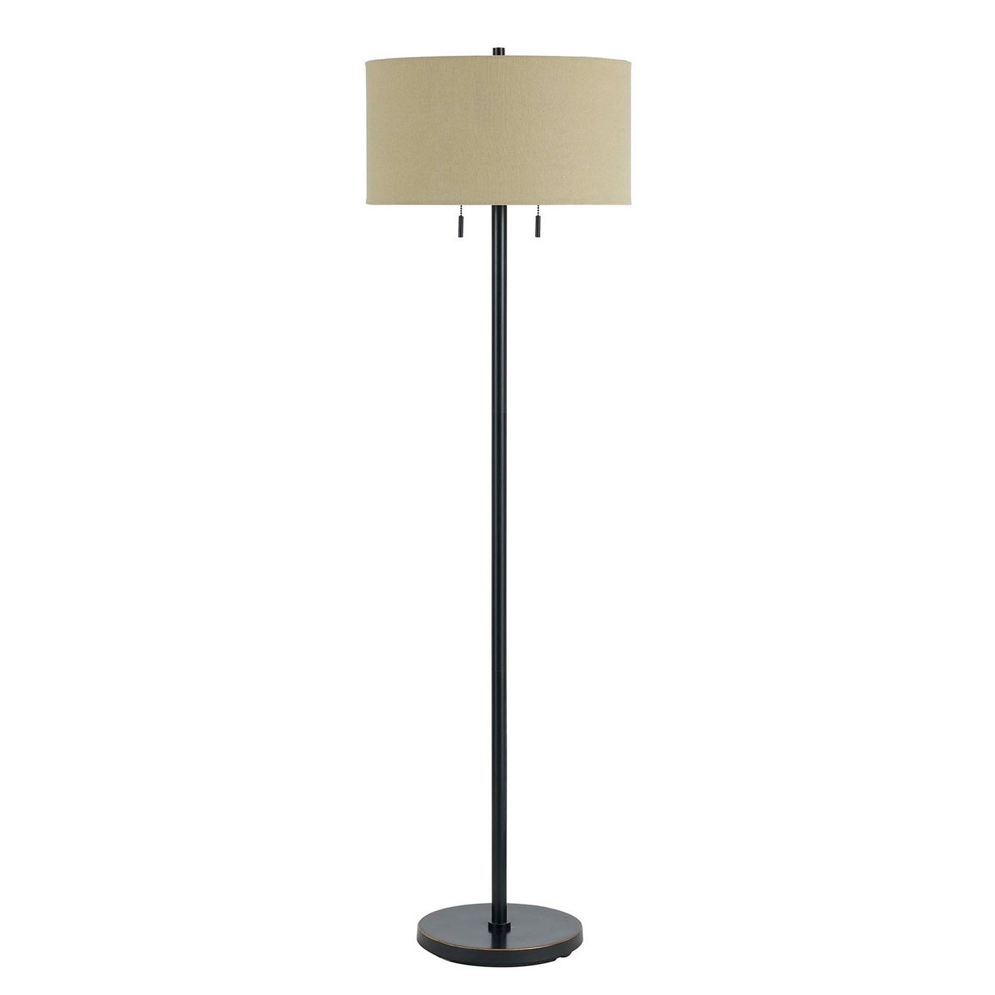 Benzara metal floor lamp with black finish and beige fabric drum shade, pull-chain switches