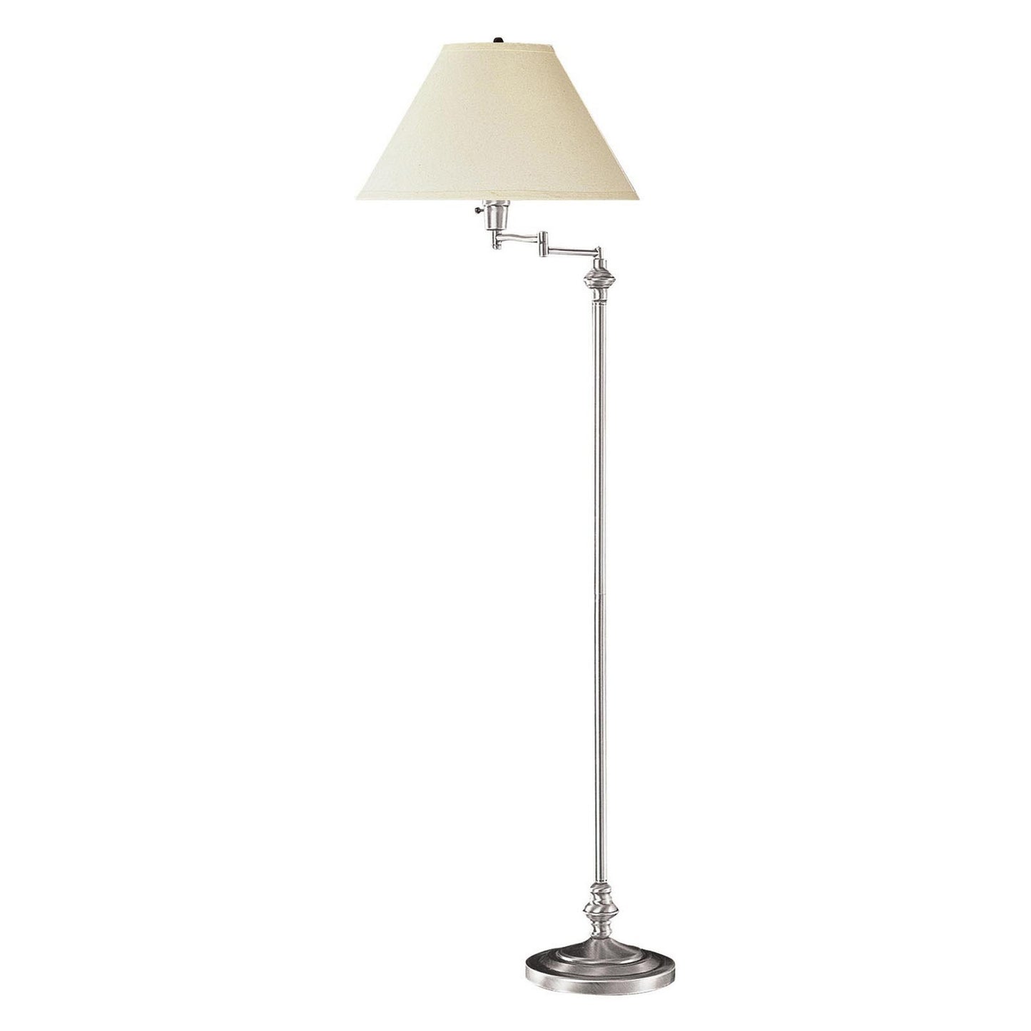 150W silver metal floor lamp with swing-arm and beige fabric conical shade, Benzara