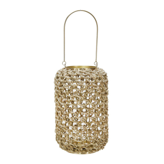 Cylindrical Rattan Lantern with Metal Frame and Handle,Large,Brown and Gold