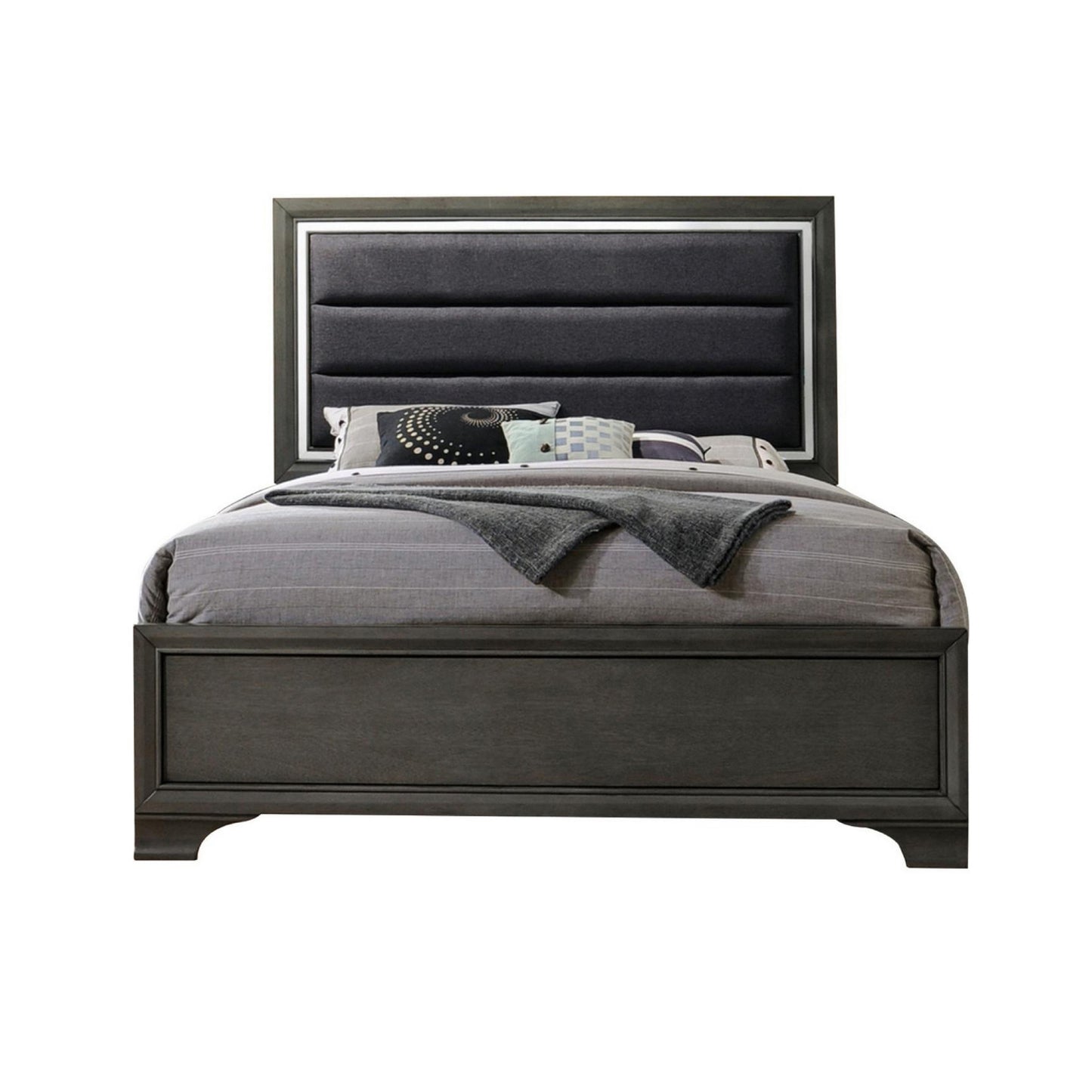 High Profile Panel Eastern King Bed with Fabric Padded Headboard, Gray — Chic Home-Decor