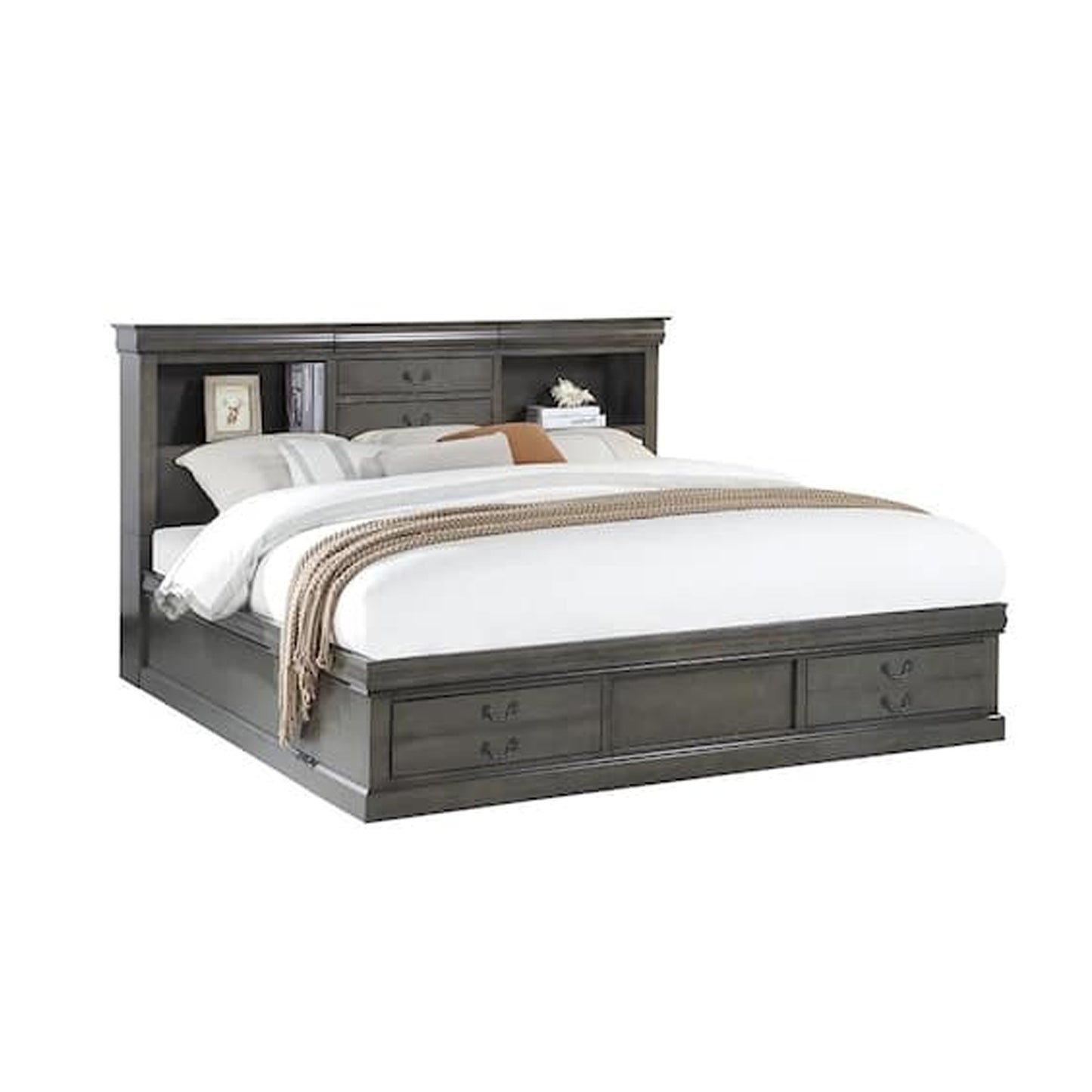 5 Drawer Transitional Queen Size Bed with Bookcase Headboard, Dark Gray — Chic Home-Decor