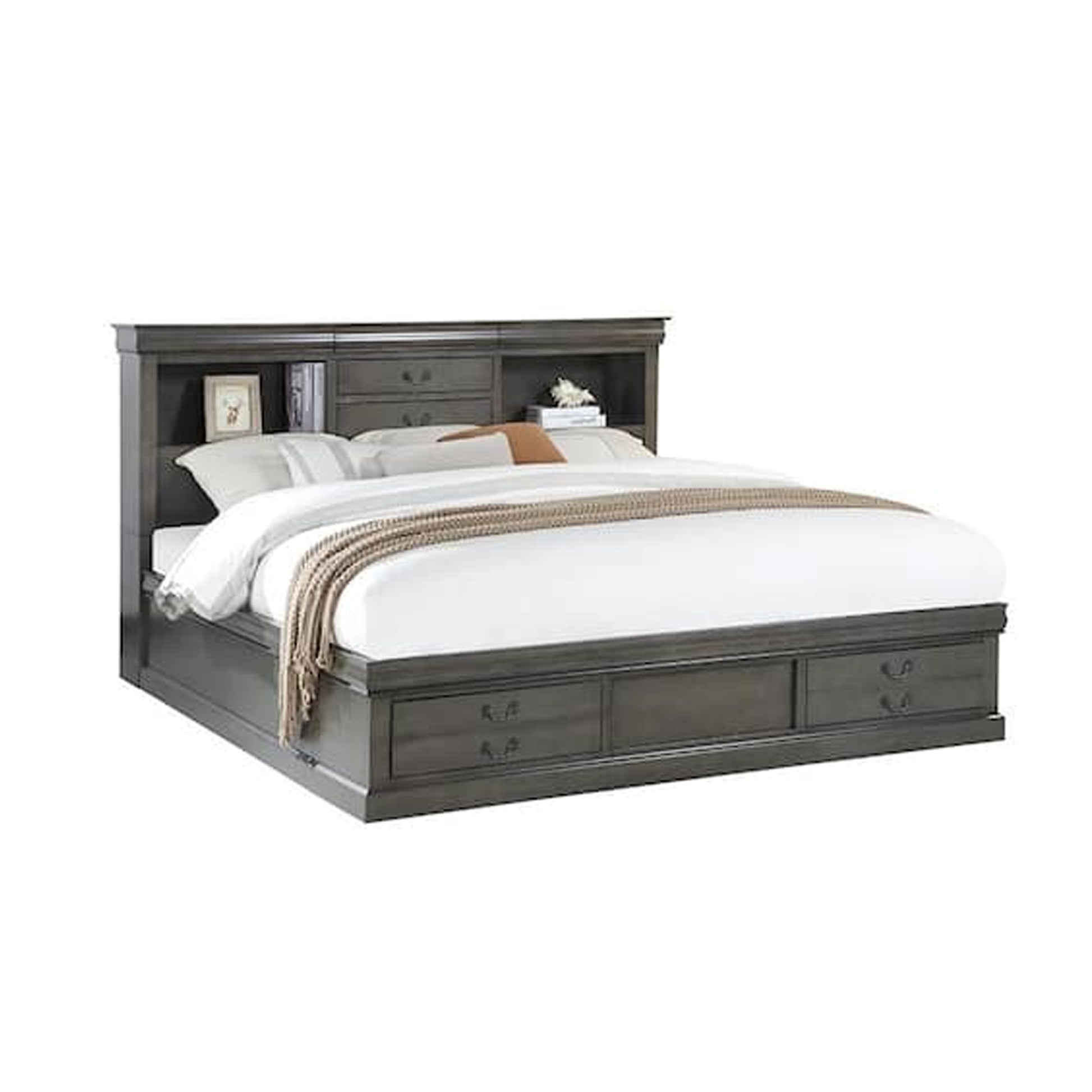 5 Drawer Transitional Queen Size Bed with Bookcase Headboard, Dark Gray — Chic Home-Decor