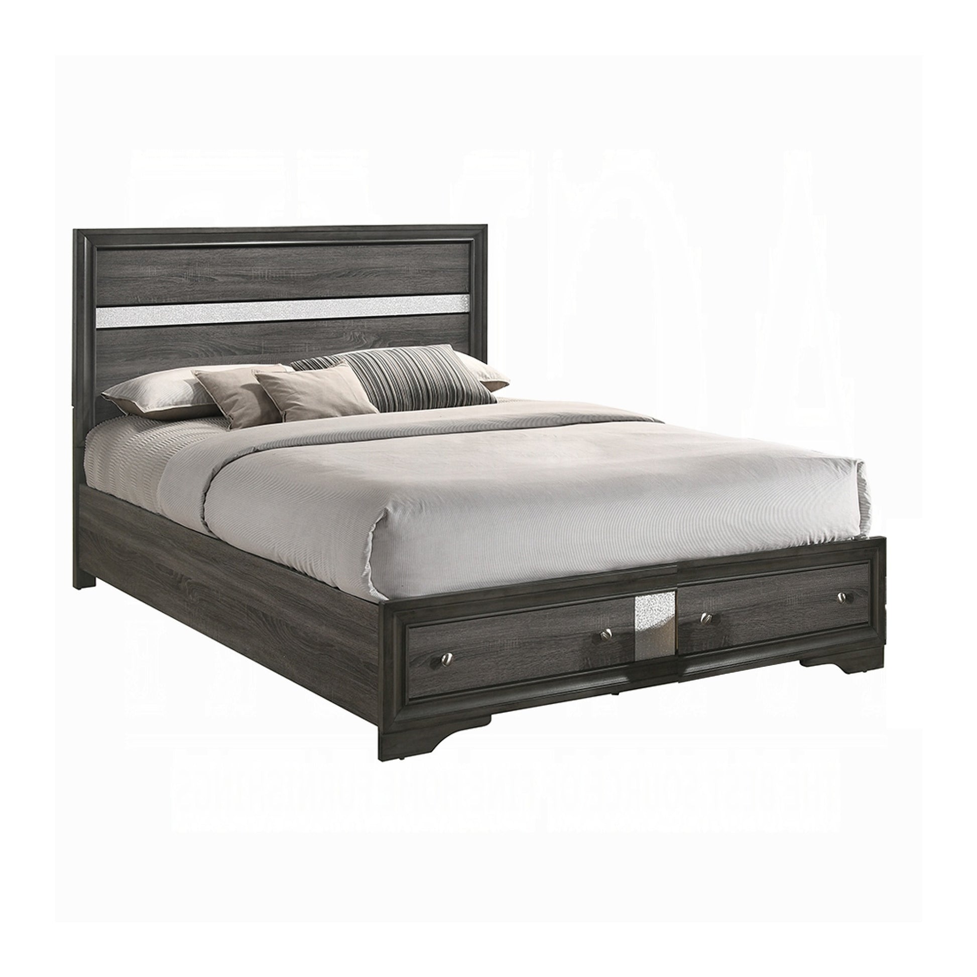 Platform Wooden Queen Size Bed with Silver Trim Accents and 2 Drawers, Gray — Chic Home-Decor