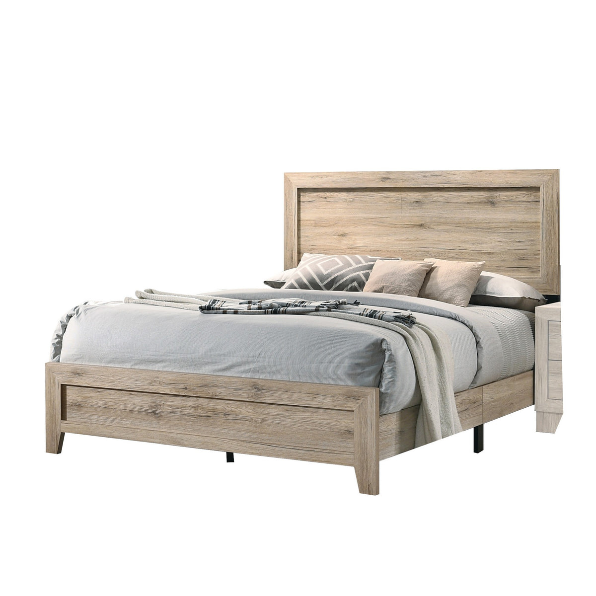 Wooden Eastern King Bed in natural brown with grain and knots; Benzara.