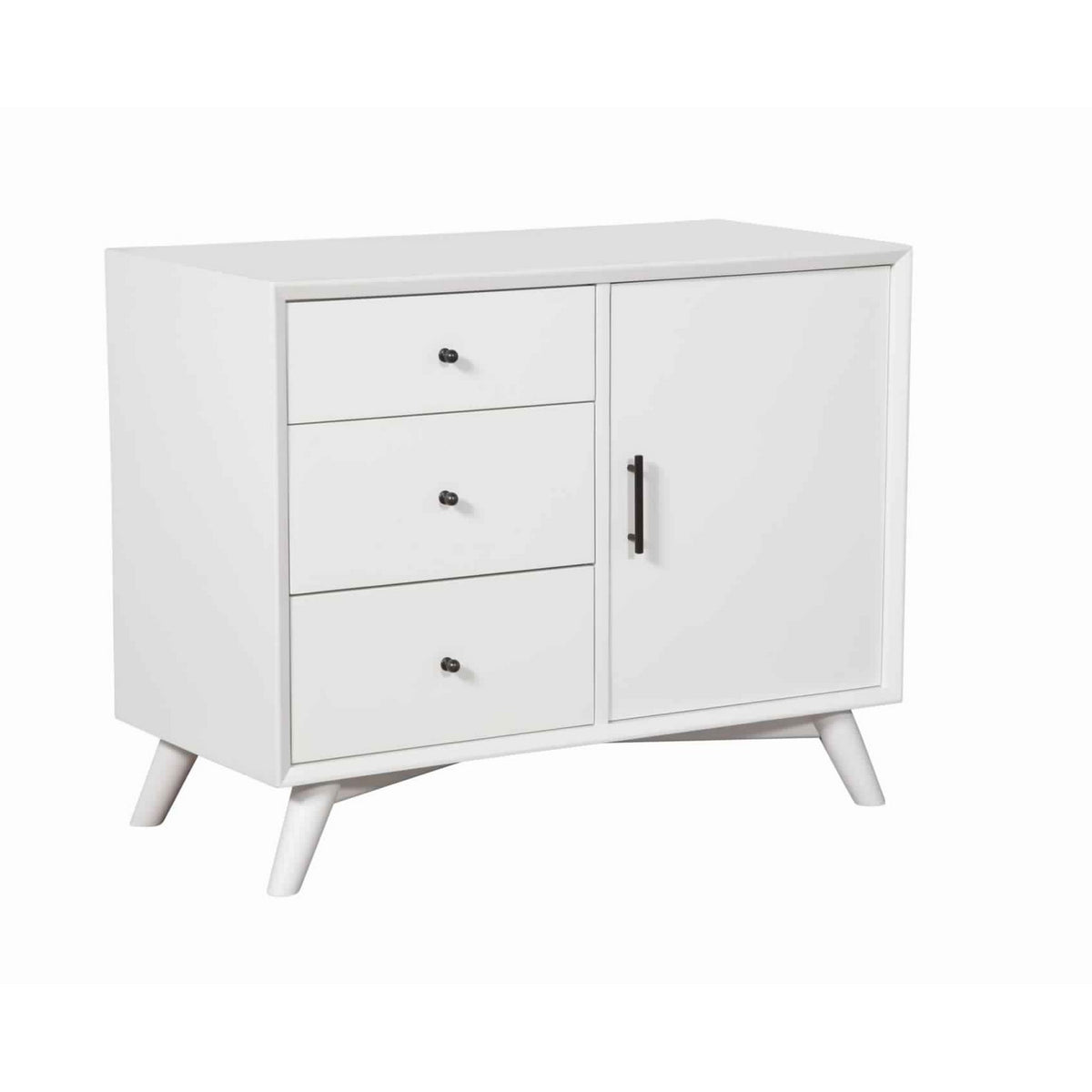 White wooden accent cabinet with 3 drawers and a right-hand door, angled mid-century legs