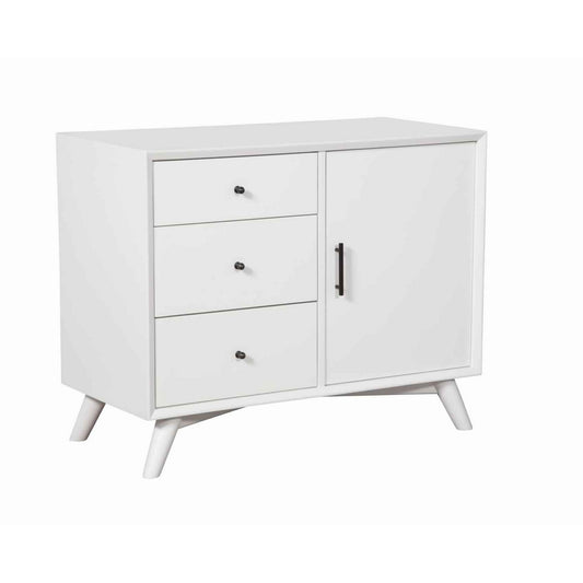 White wooden accent cabinet with 3 drawers and a right-hand door, angled mid-century legs