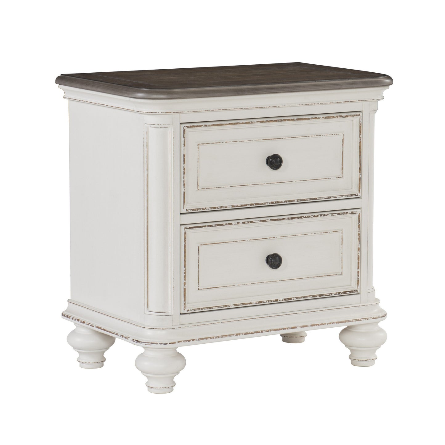 Benzara 2-drawer wooden nightstand with distressed antique white finish and dark brown top with rounded turned legs