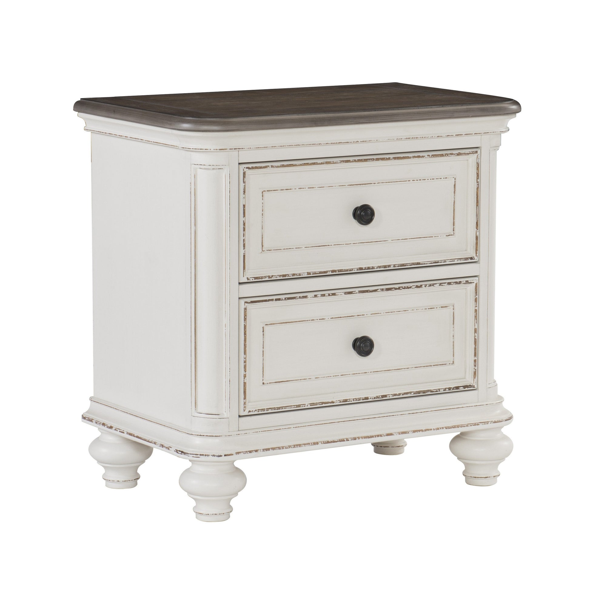 Benzara 2-drawer wooden nightstand with distressed antique white finish and dark brown top with rounded turned legs