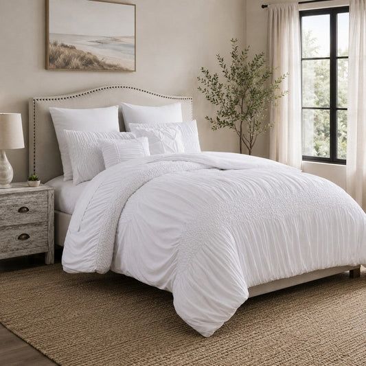 Hamburg 7 Piece King Size Comforter Set with Textured Details The Urban Port, White