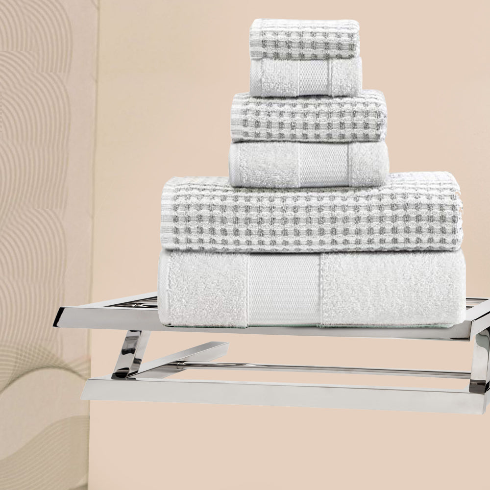 Porto 6 Piece Dual Tone Towel Set with Jacquard Grid Pattern The Urban Port, White