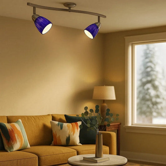 50 Watt Track Fixture with Handblown Glass Shade, Silver and Blue