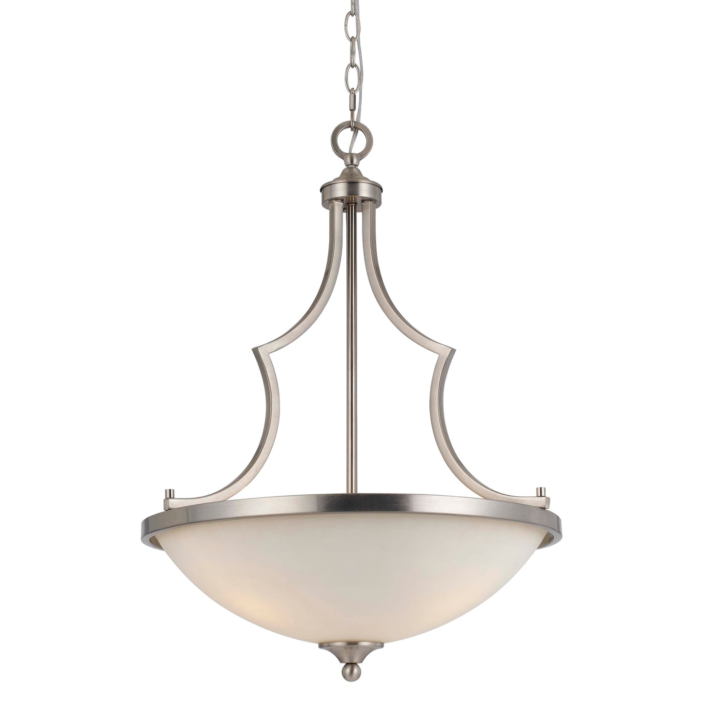 3-bulb bowl-style glass pendant fixture with a silver metal frame and white glass shades