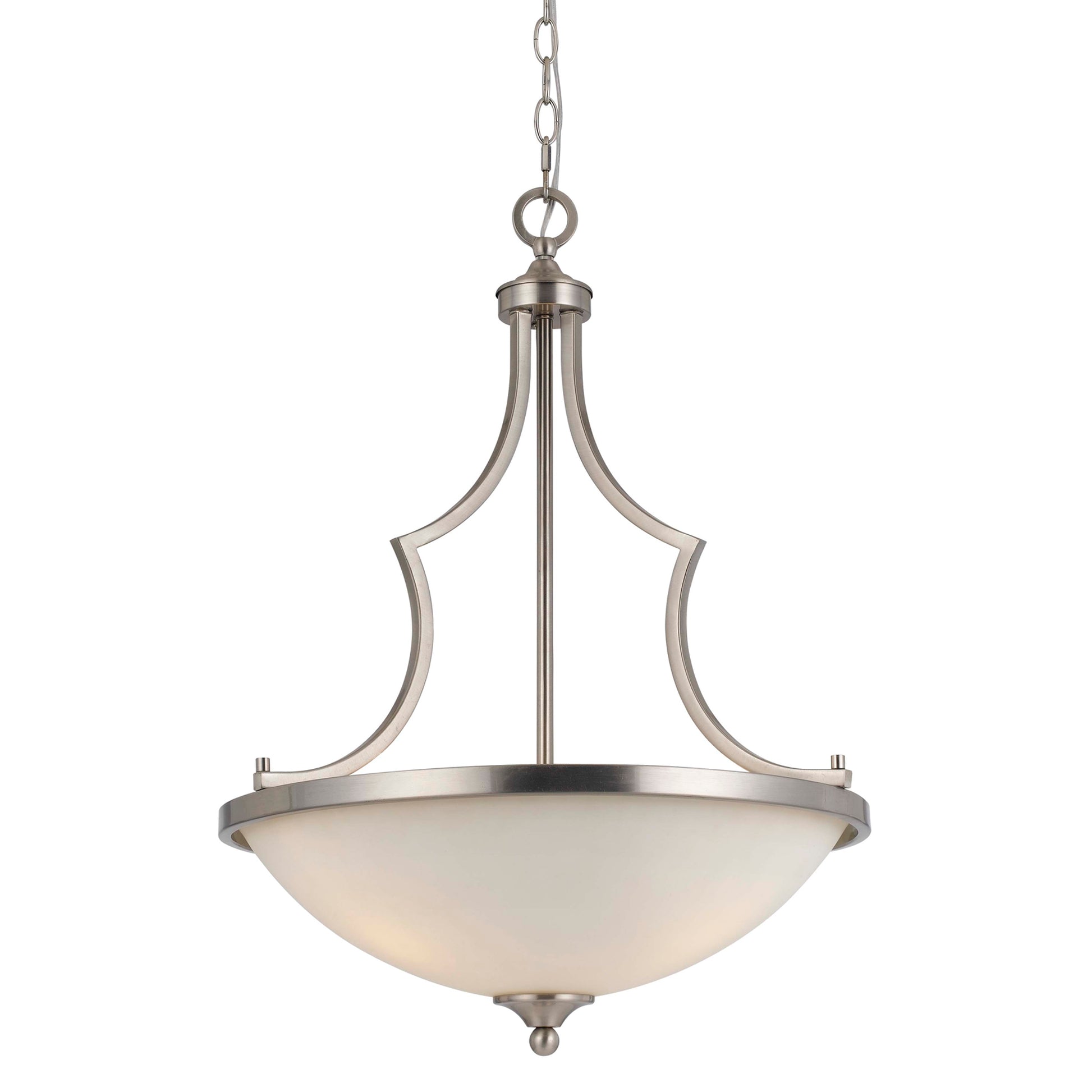3-bulb bowl-style glass pendant fixture with a silver metal frame and white glass shades