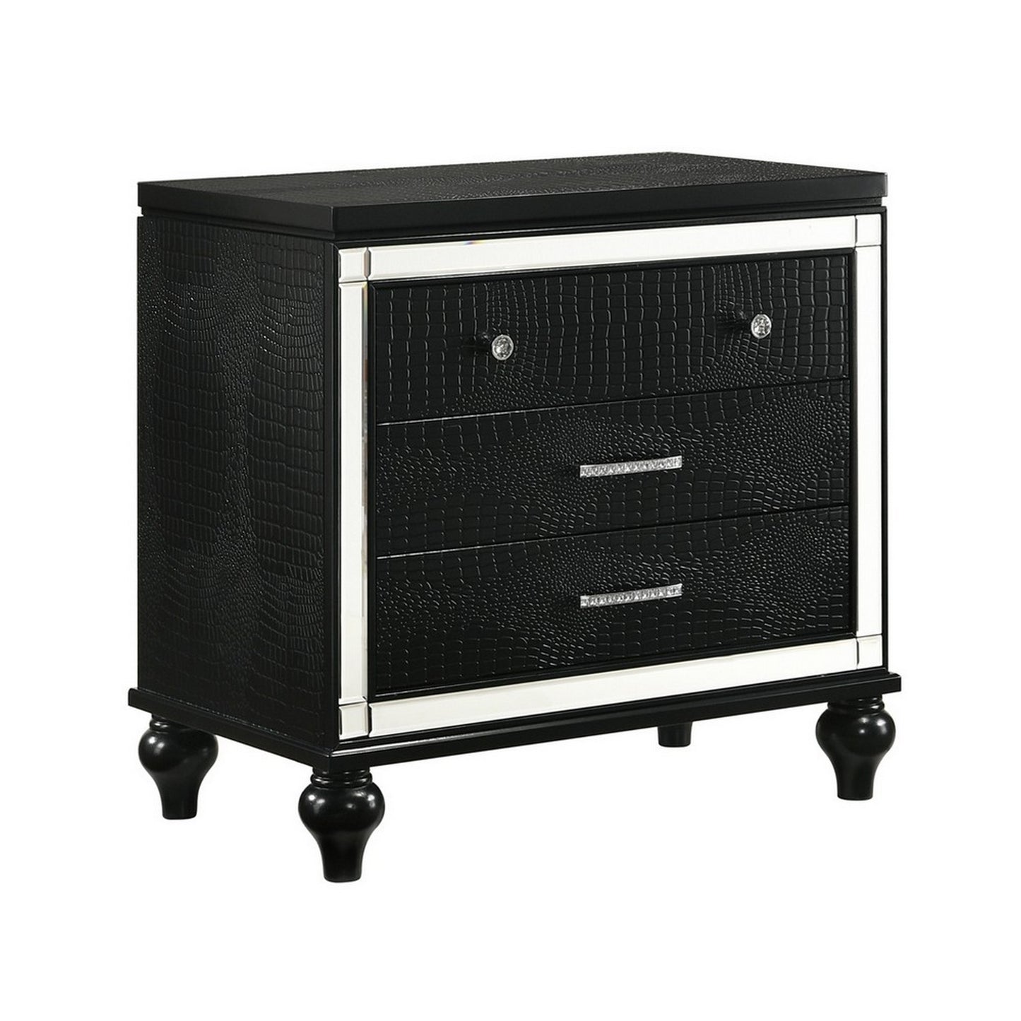 3-drawer black wooden nightstand with mirror accents and faux crystal pulls, Benzara