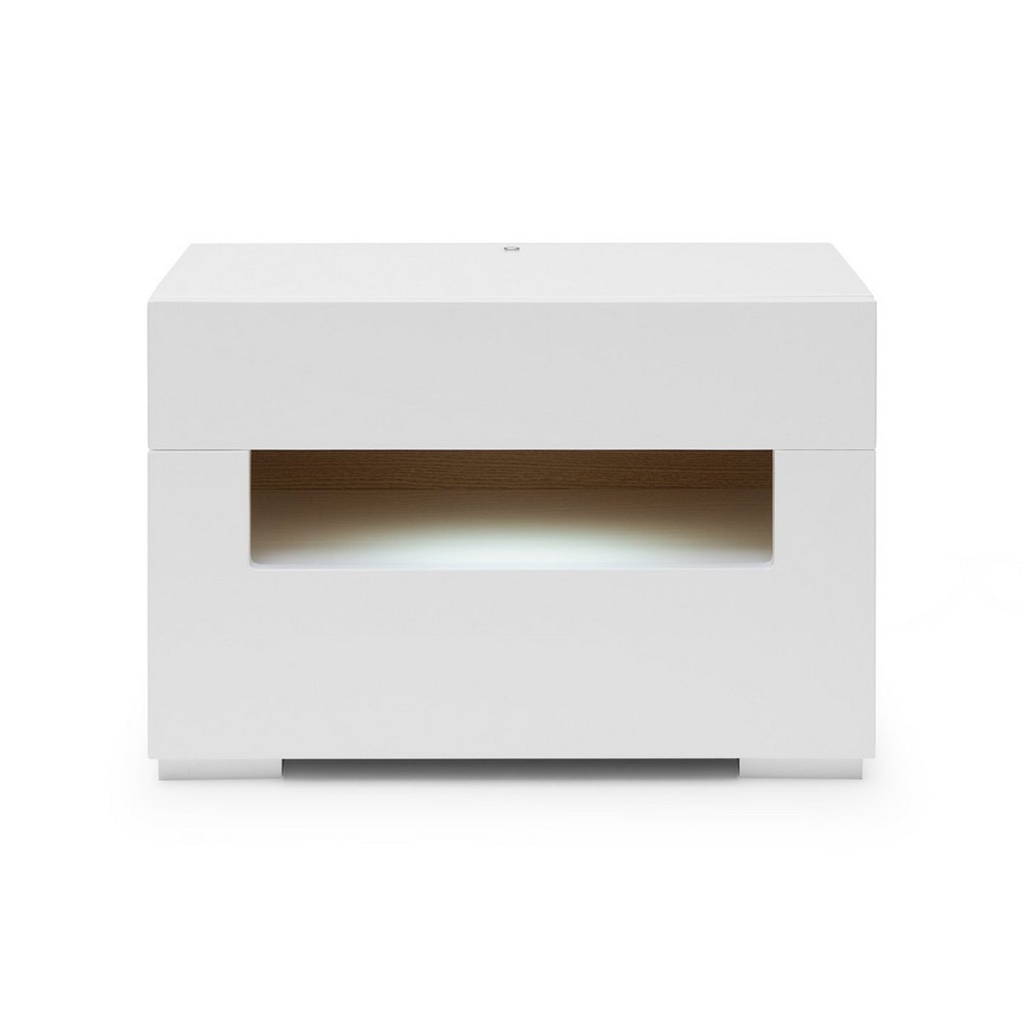 Two-drawer white high-gloss nightstand with open lower shelf