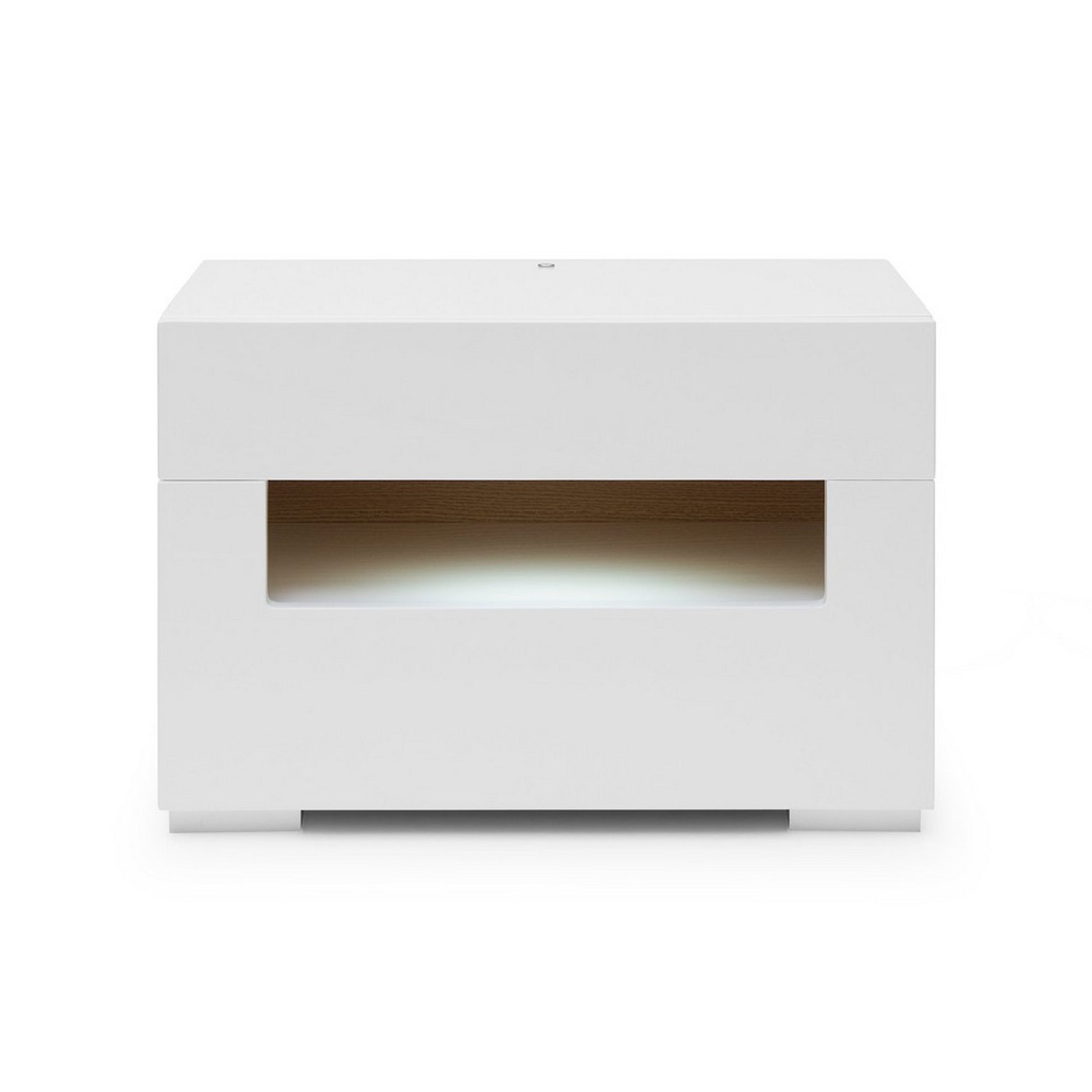 Two-drawer white high-gloss nightstand with open lower shelf