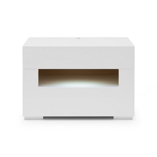 Two-drawer white high-gloss nightstand with open lower shelf