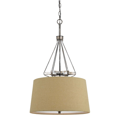 3 Bulb Pendent with Round Burlap Shade and Metal Frame, Beige