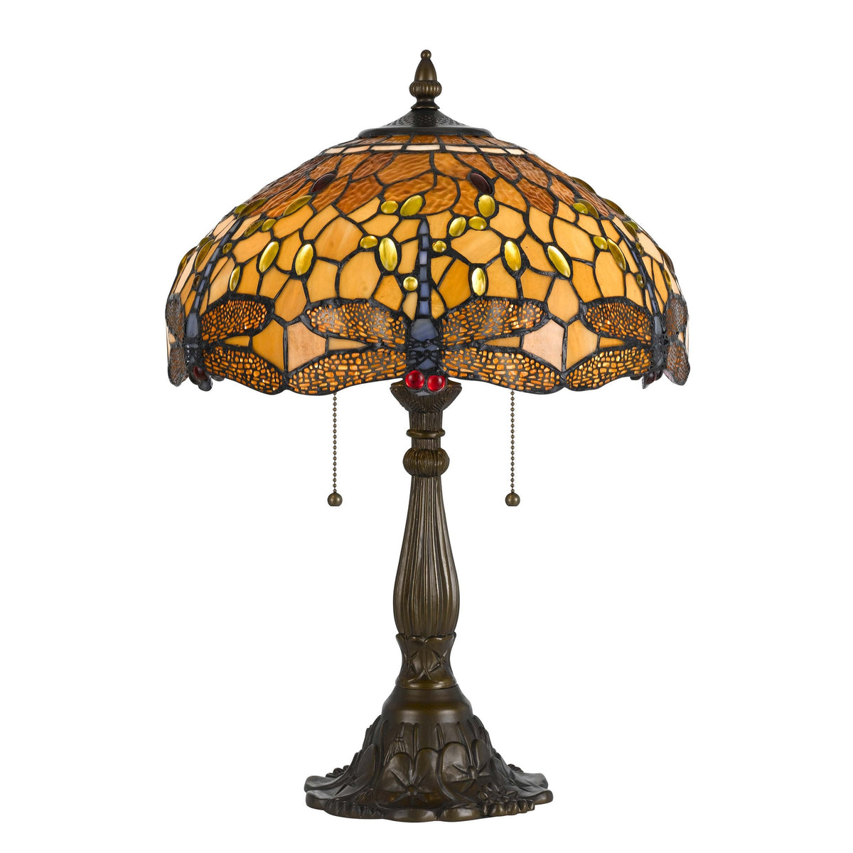 2 Bulb Tiffany Table Lamp with Dragonfly Design Shade, Multicolor