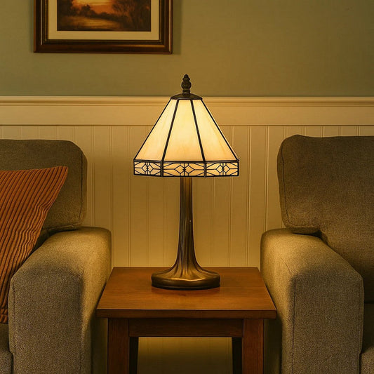 Tree Like Metal Body Tiffany Table lamp with Conical Shade,Beige and Bronze