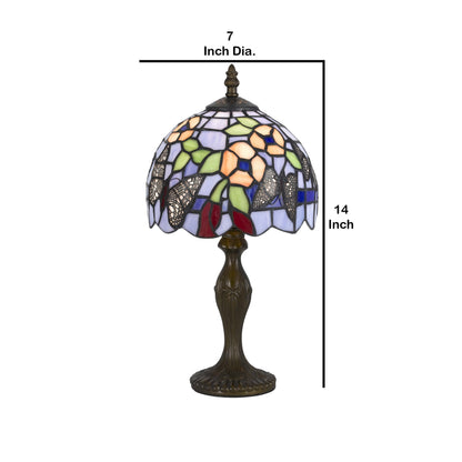 Metal Body Tiffany Table Lamp with Butterfly Design Shade, Multicolor