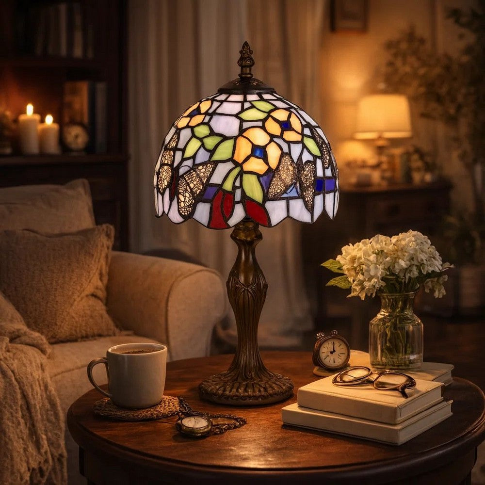 Metal Body Tiffany Table Lamp with Butterfly Design Shade, Multicolor