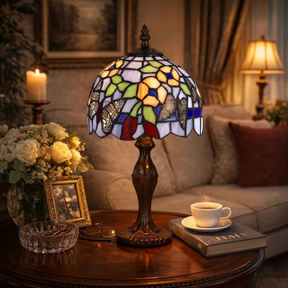 Metal Body Tiffany Table Lamp with Butterfly Design Shade, Multicolor