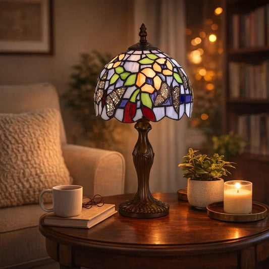Metal Body Tiffany Table Lamp with Butterfly Design Shade, Multicolor