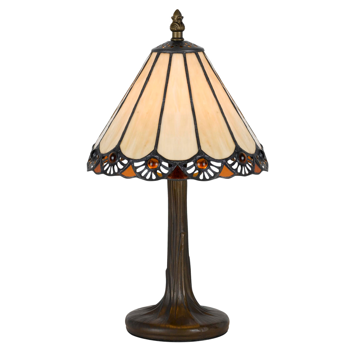 Tiffany table lamp with bronze metal tree-like base and beige conical shade.