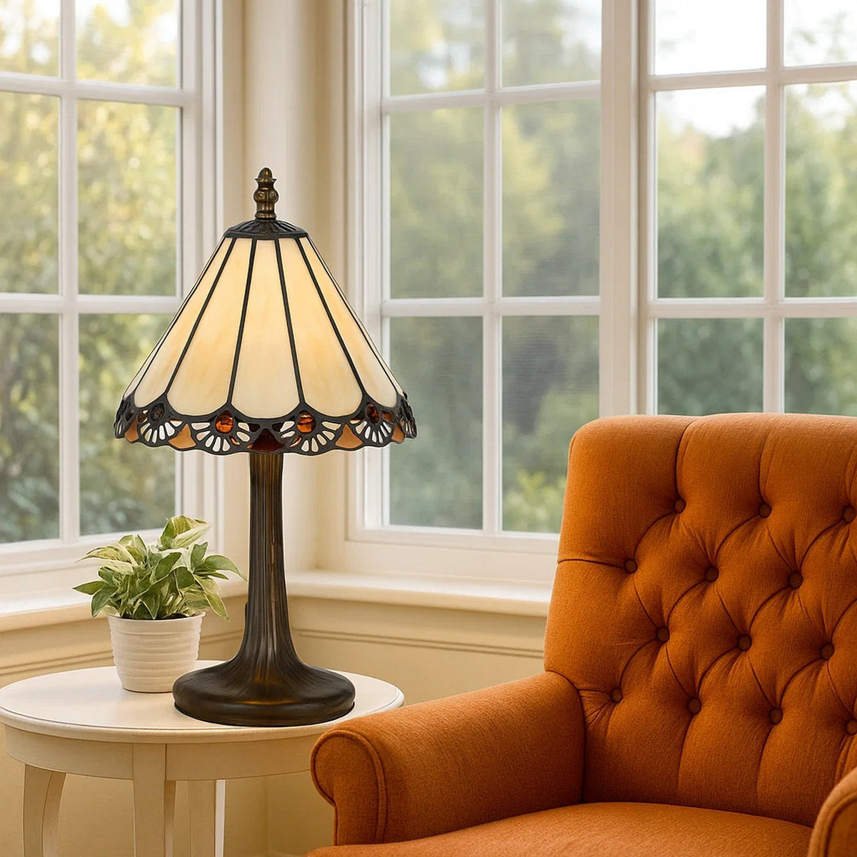 Tree Like Metal Body Tiffany Table lamp with Conical Shade,Bronze and Beige
