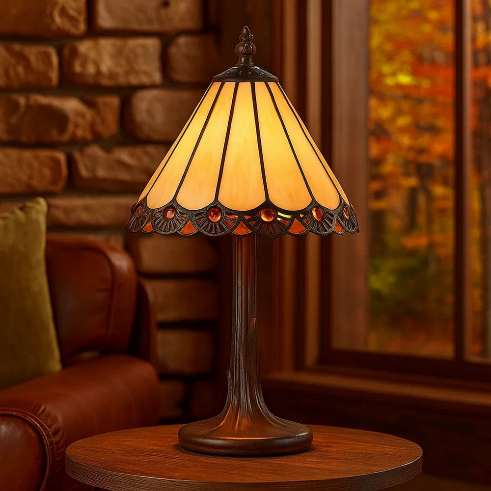 Tree Like Metal Body Tiffany Table lamp with Conical Shade,Bronze and Beige