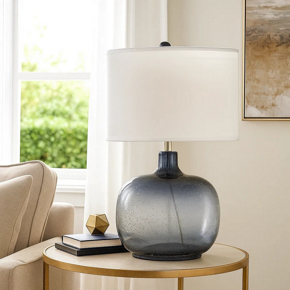 Glass Body Table Lamp with Drum Shade and Bubble Design, Blue and White