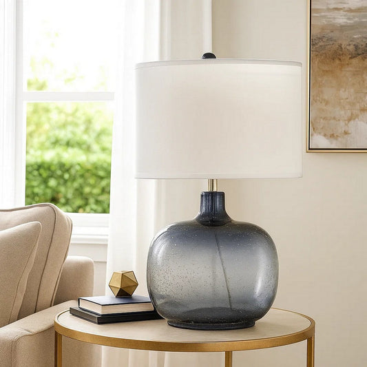 Glass Body Table Lamp with Drum Shade and Bubble Design, Blue and White