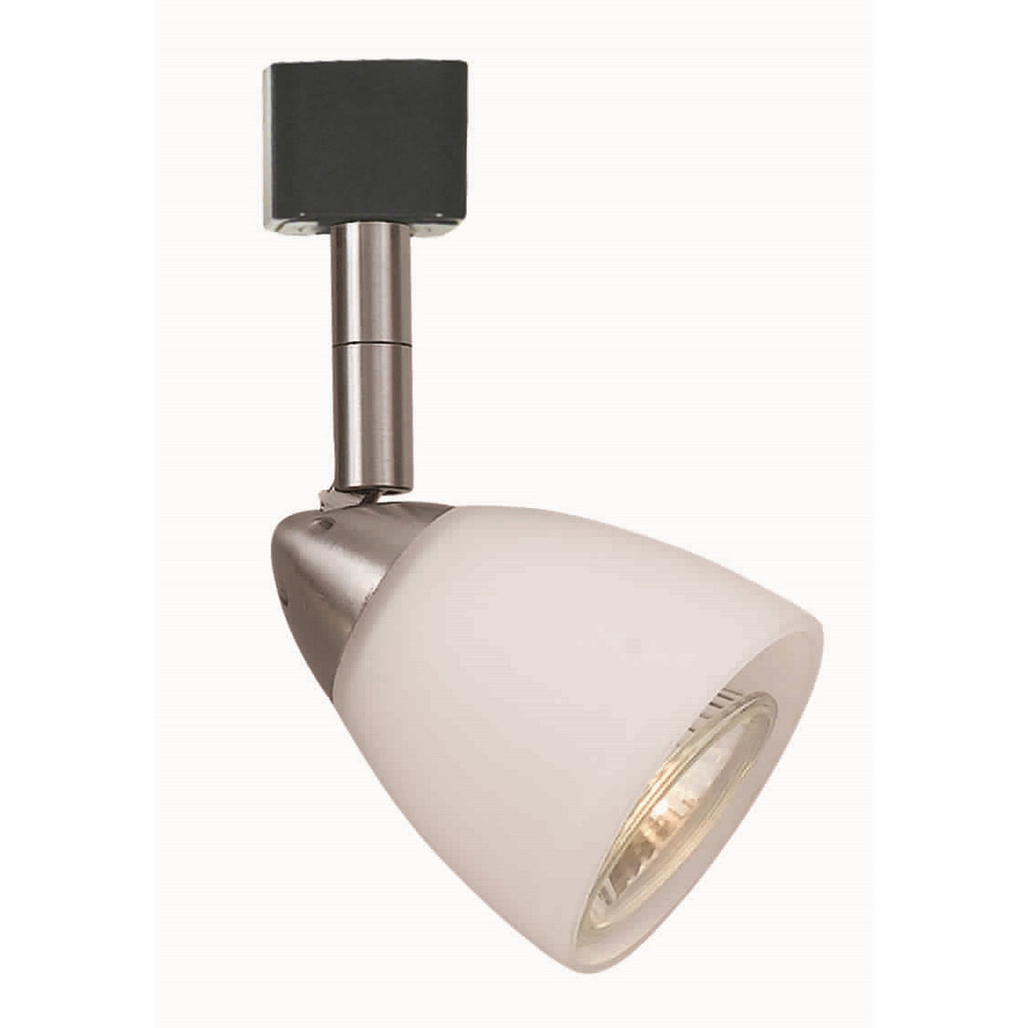 Metal track light with interchangeable round glass shade in silver and white