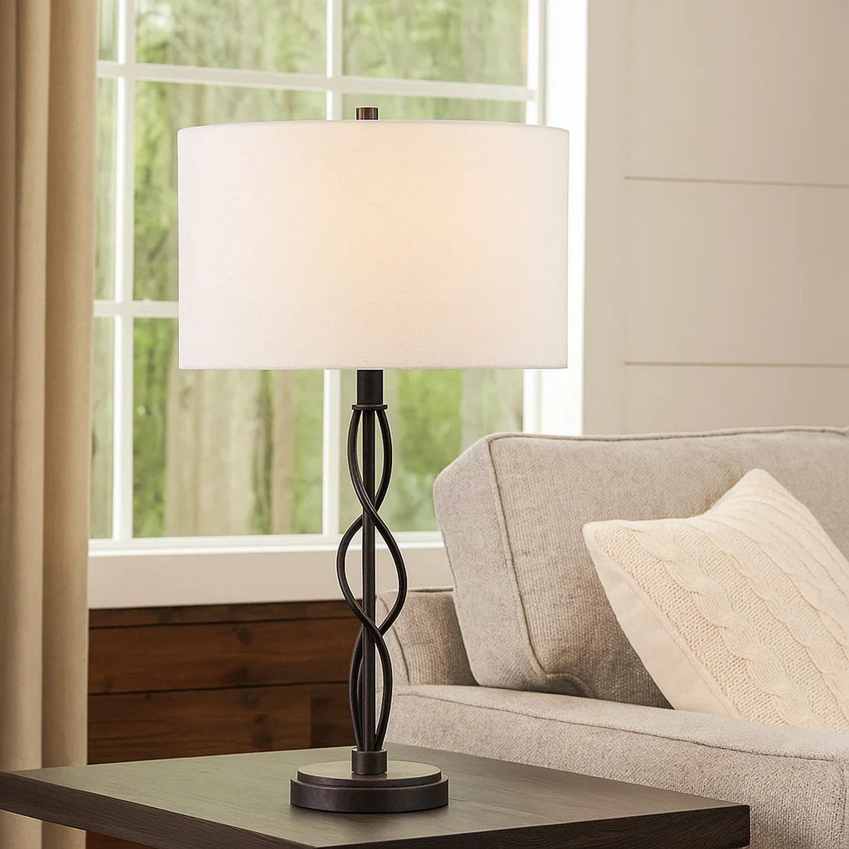 Round Fabric Shade Table Lamp, Metal Spiral Base, White, Textured Bronze
