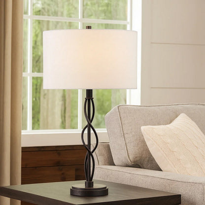 Round Fabric Shade Table Lamp, Metal Spiral Base, White, Textured Bronze