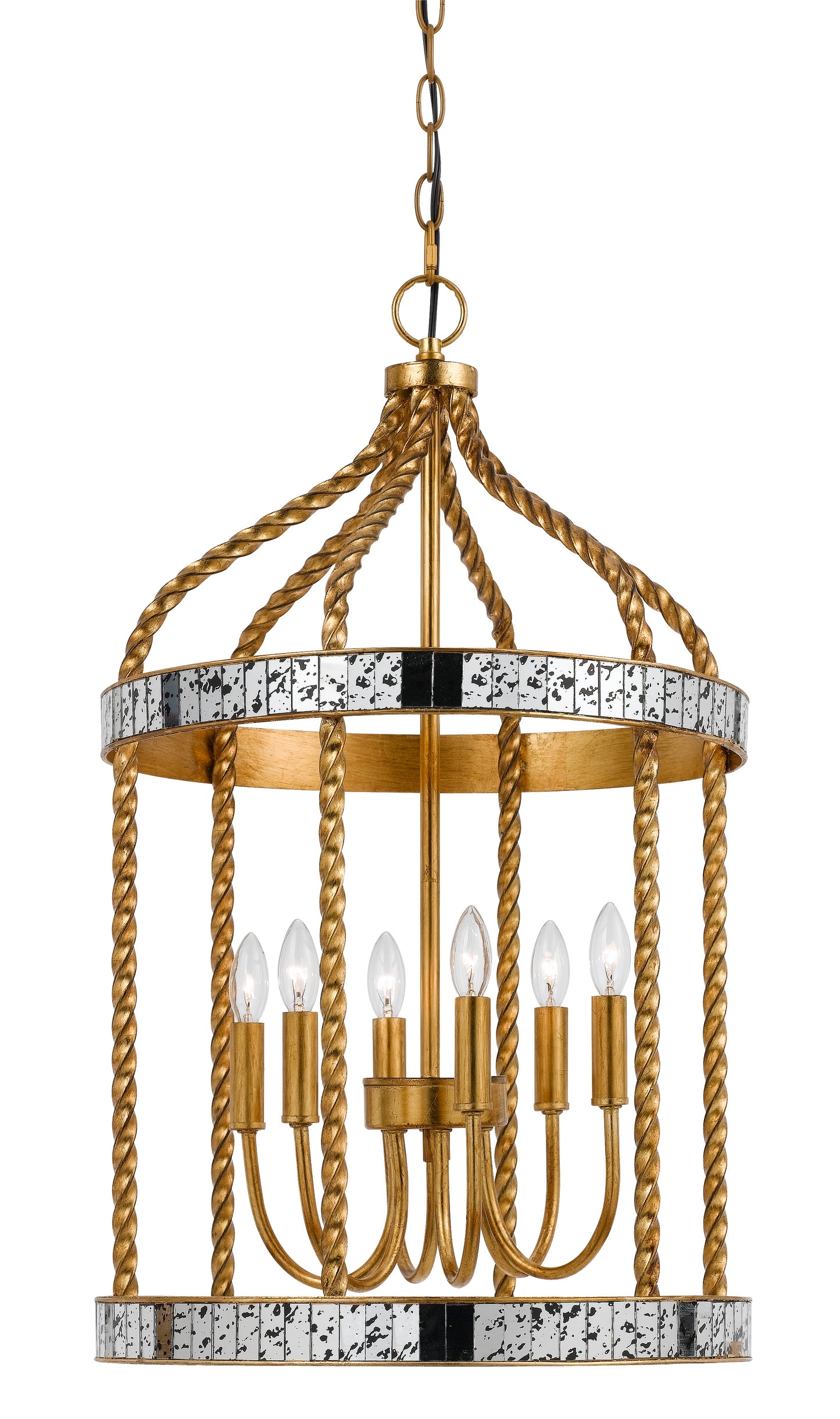Pendant chandelier in gold with a twisted metal frame, mirror-accent ring, and candle-style bulbs, Benzara