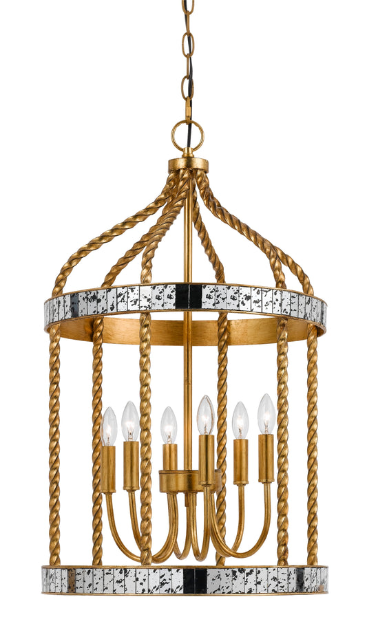 Pendant chandelier in gold with a twisted metal frame, mirror-accent ring, and candle-style bulbs, Benzara