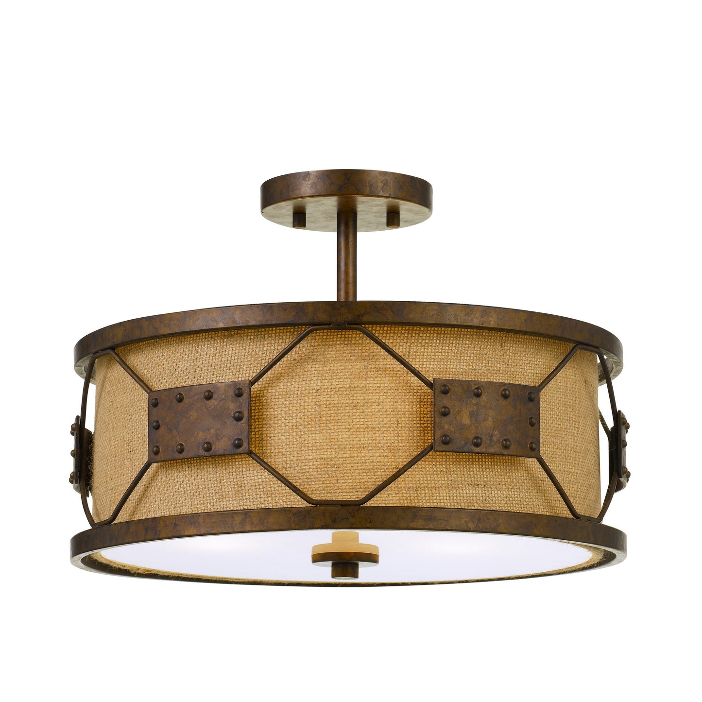 Metal frame drum shade pendant fixture, rustic bronze with burlap shade — Benzara