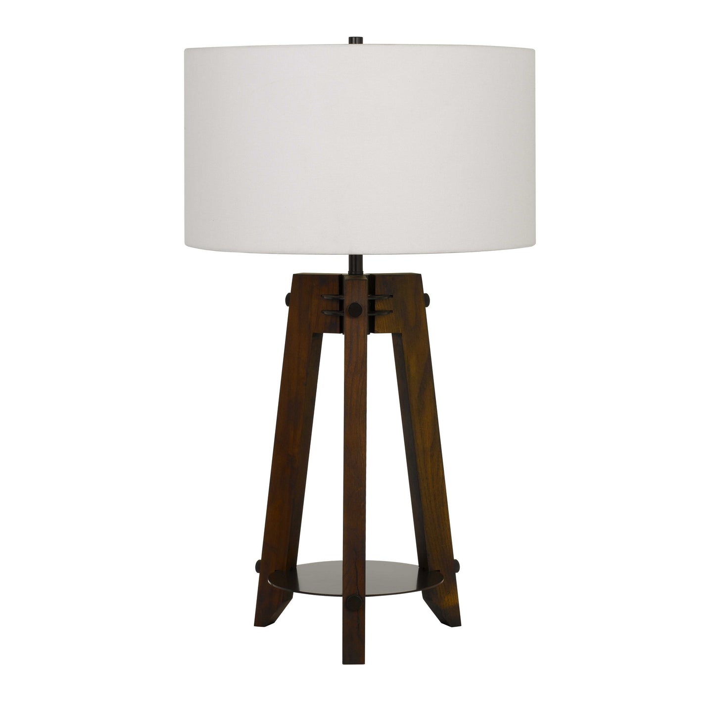 Drum shade table lamp by Benzara with brown wooden tripod base and white drum shade