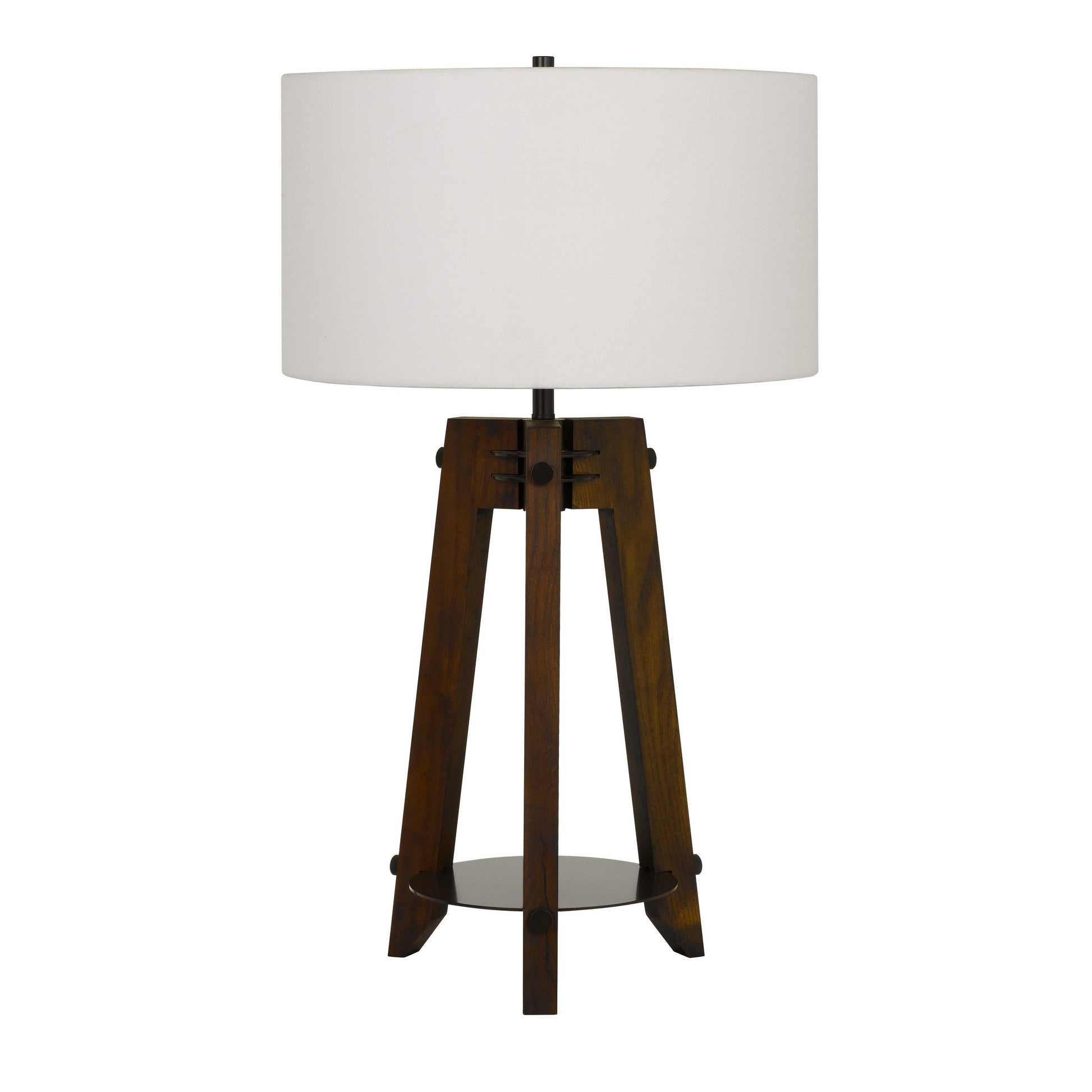 Drum shade table lamp by Benzara with brown wooden tripod base and white drum shade