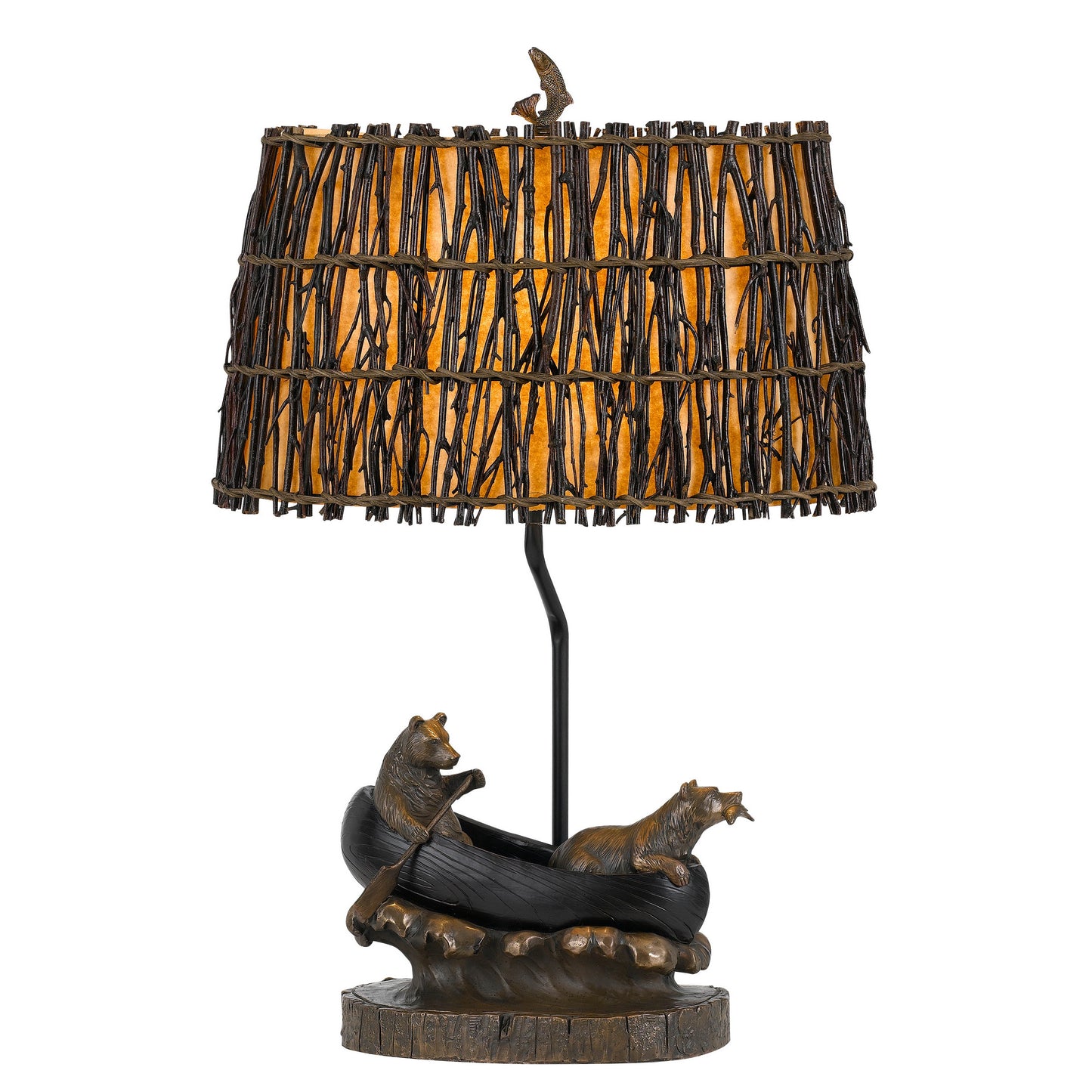 Bear canoe table lamp with oval wicker shade in antique bronze finish; 150W 3-way lighting