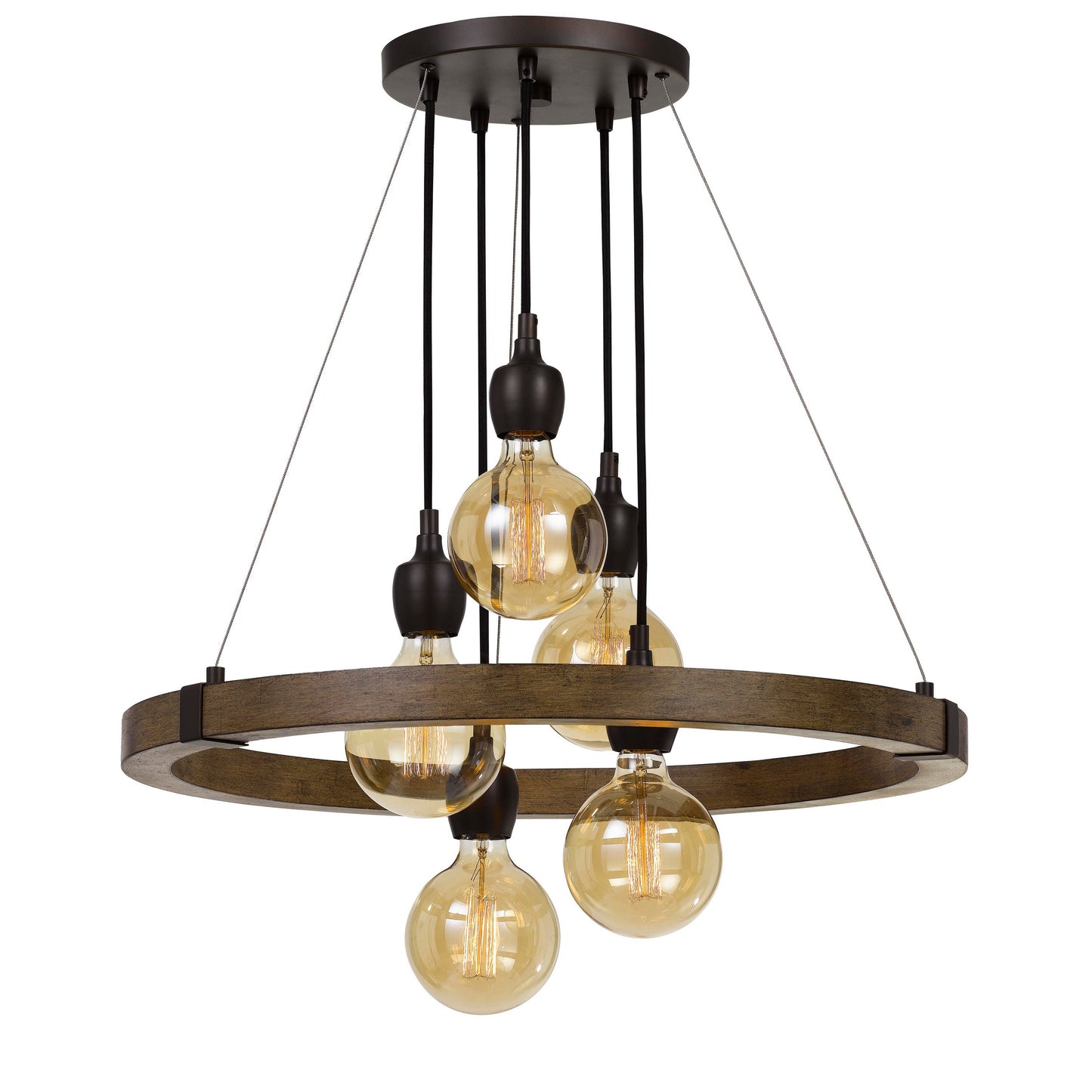 Chandelier with wood and metal frame in black and brown finish featuring multiple hanging Edison bulbs