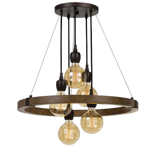 Chandelier with wood and metal frame in black and brown finish featuring multiple hanging Edison bulbs