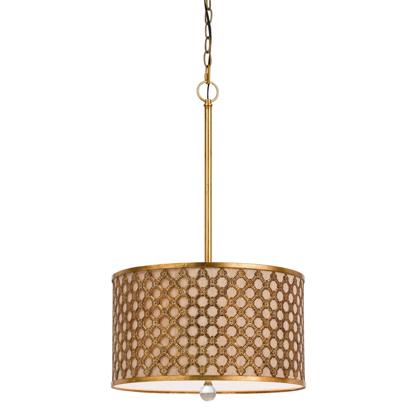 Benzara pendant light with gold metal frame and beige fabric shade featuring geometric lattice pattern