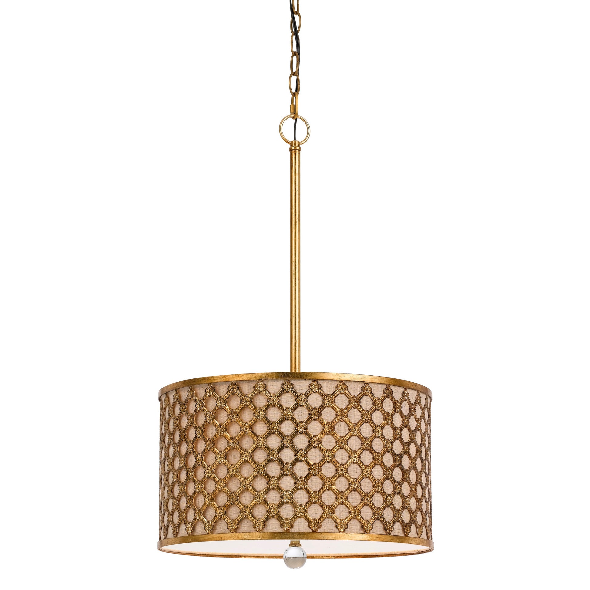 Benzara pendant light with gold metal frame and beige fabric shade featuring geometric lattice pattern