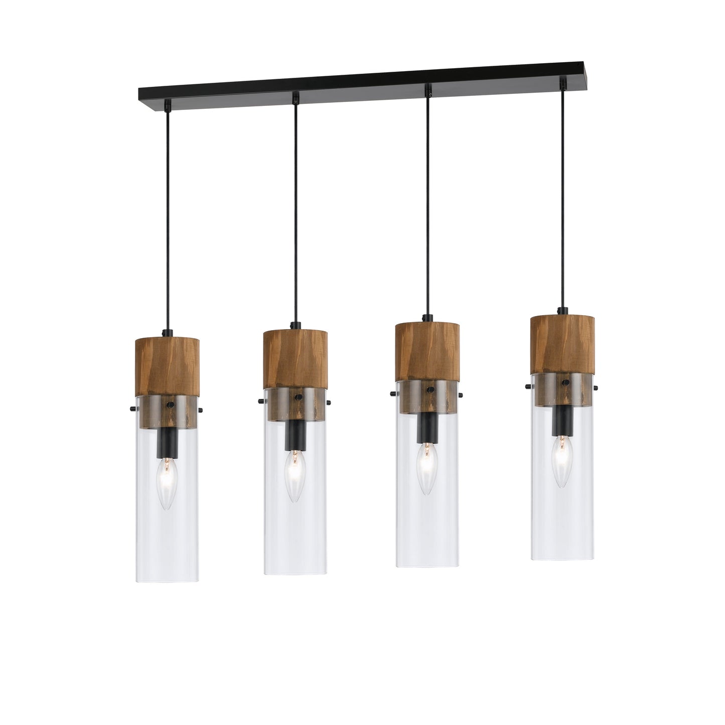 Pendant light fixture with four brown wood and black metal cylindrical shades and clear glass accents by Benzara