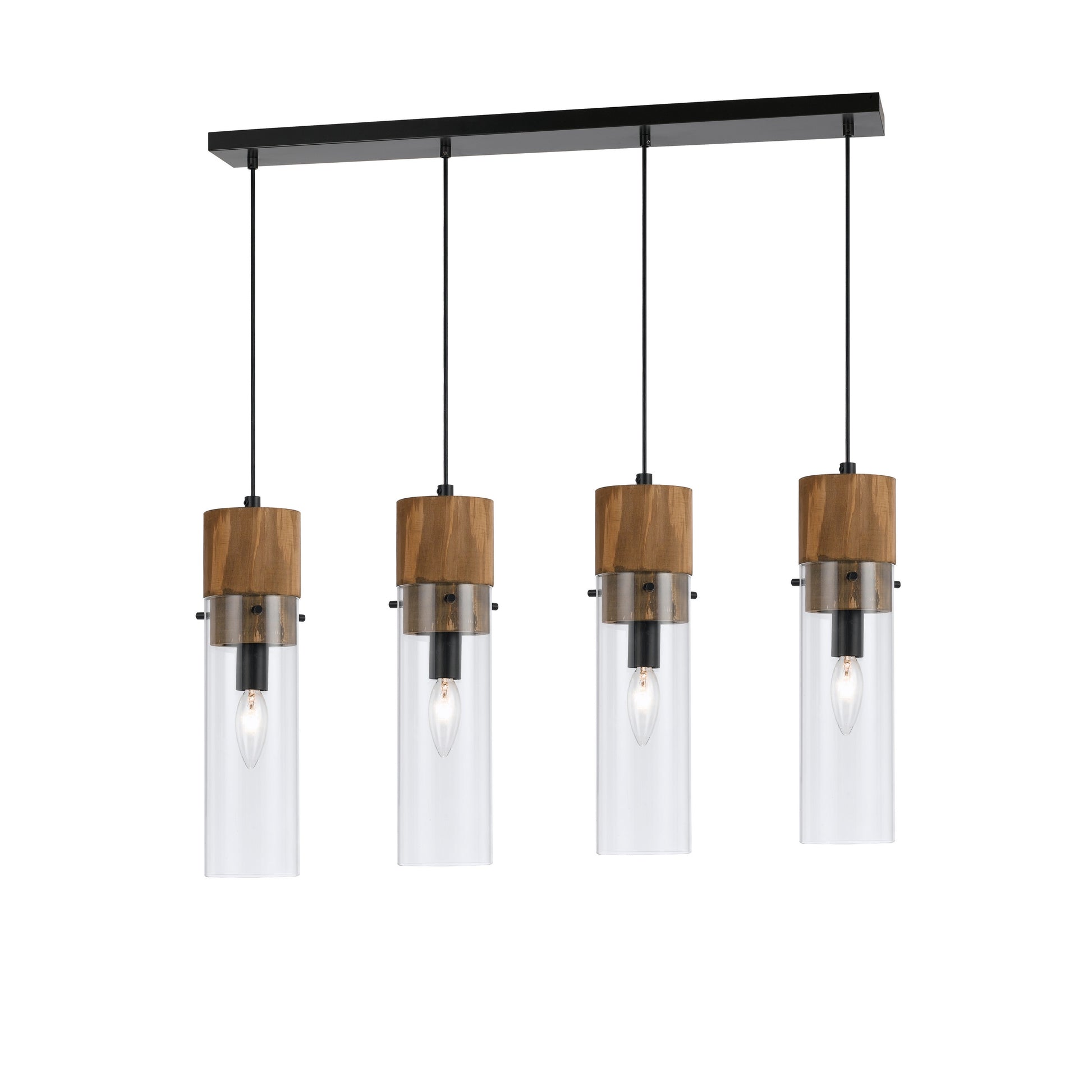 Pendant light fixture with four brown wood and black metal cylindrical shades and clear glass accents by Benzara