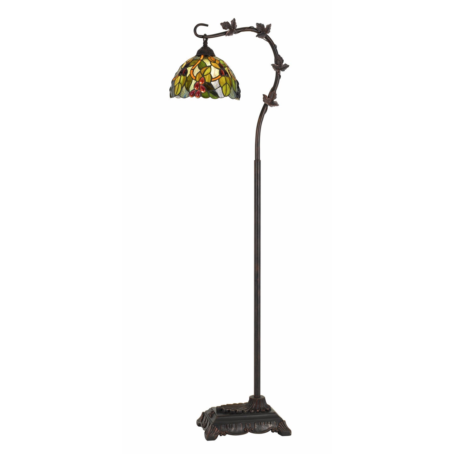 Benzara Downbridge metal Tiffany floor lamp with multicolor stained-glass shade and leaf accents